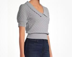 Attitude Unknown Pointelle Knit Collared Sweater Top Gray Medium Cottagecore